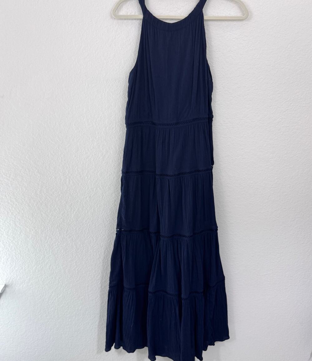 Talbots Women Sleeveless Maxi Dress Size 6 Embroidered Cotton Tiered Halter Blue